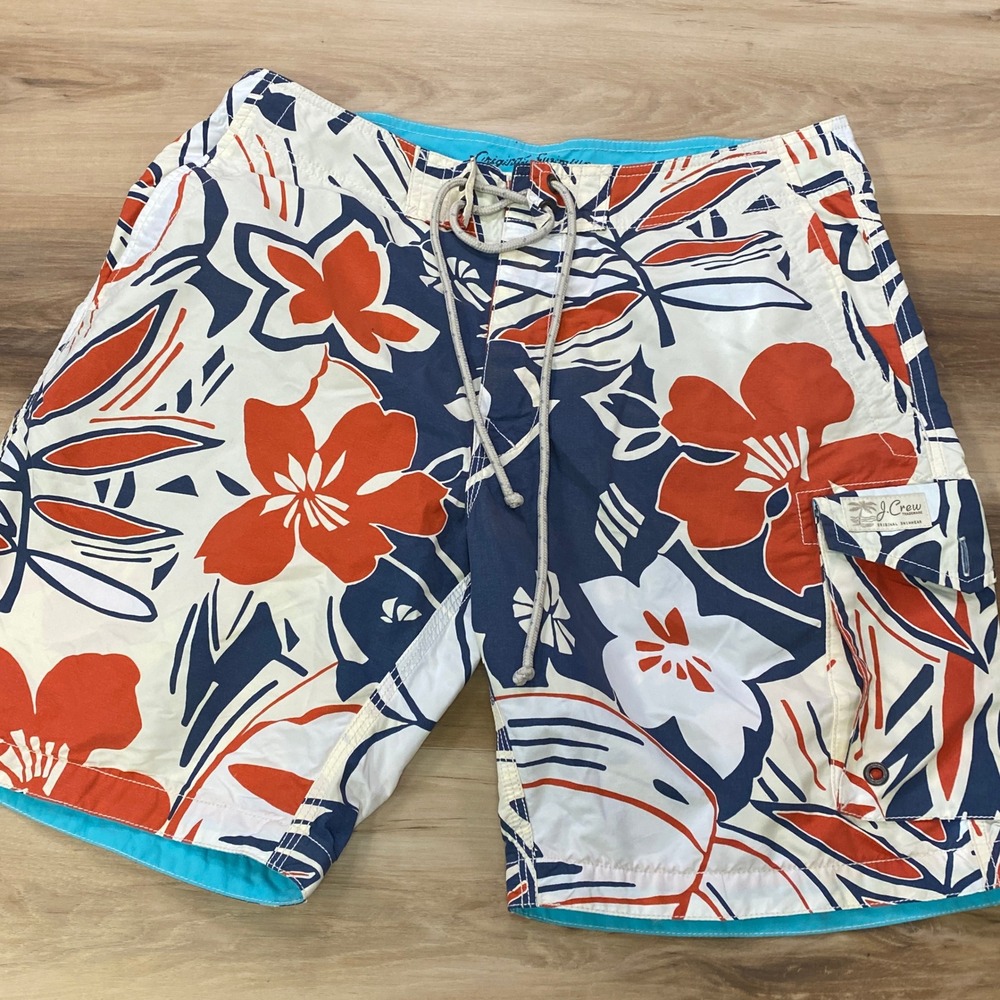 J.Crew Swim Trunks 32 Floral Board Shorts Polyester Cargo Navy Orange 2008 Vtg